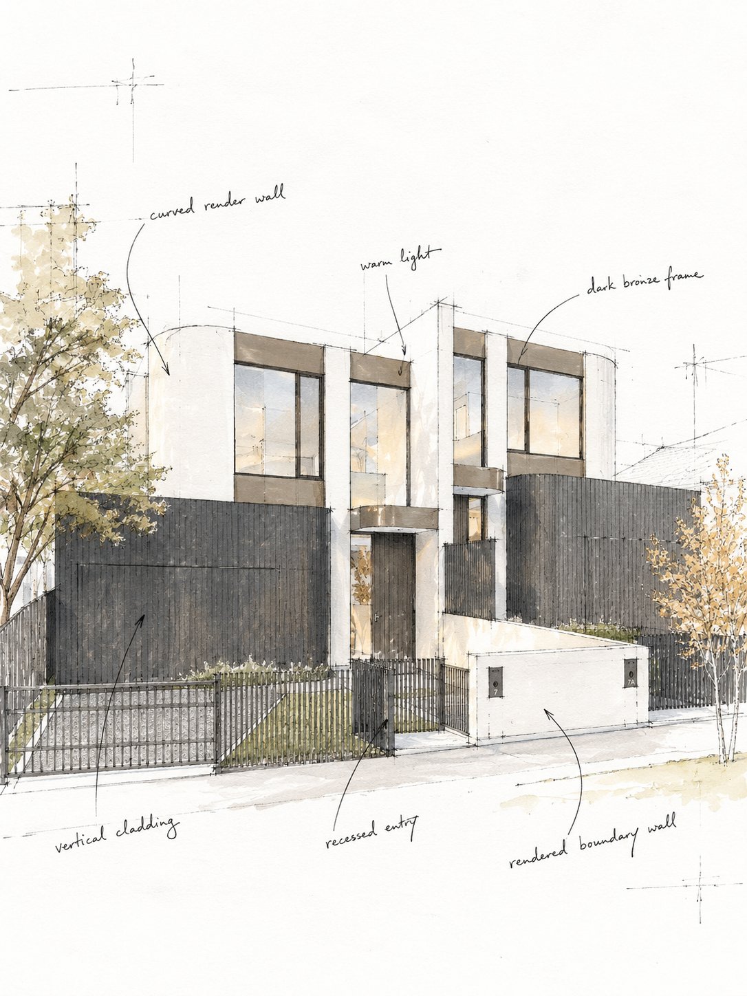 Architectural sketch of a custom two-storey home design in Melbourne with curved render walls, vertical cladding and a recessed entry