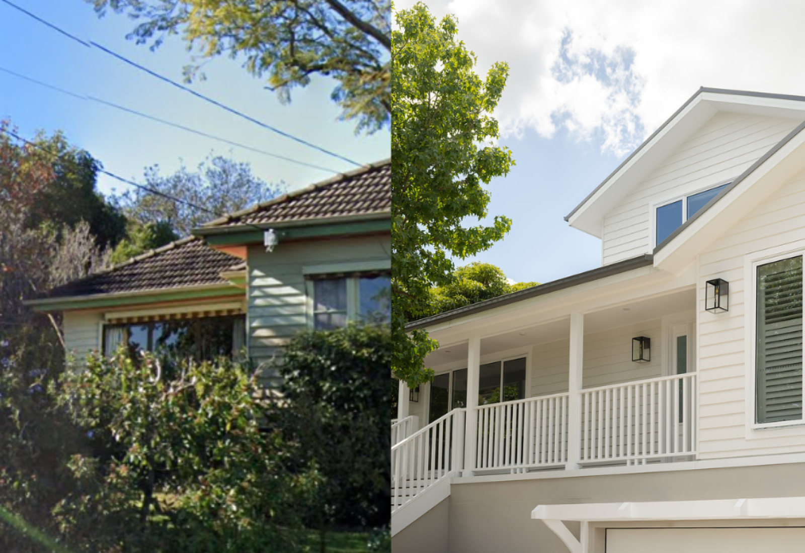 Collage image illustrating a "Knockdown Rebuild" project. On the left is a Google Street View-style shot of an older, single-story house with a brown tile roof, surrounded by trees and bushes. In the center is a vertical section with a tree and blue sky. On the right is a modern, two-story house with a white exterior, a porch, and a light-colored driveway. The image is used to represent Brownhill Homes' knockdown rebuild services, as described in the accompanying text, which focuses on building a new home in a desired location.
