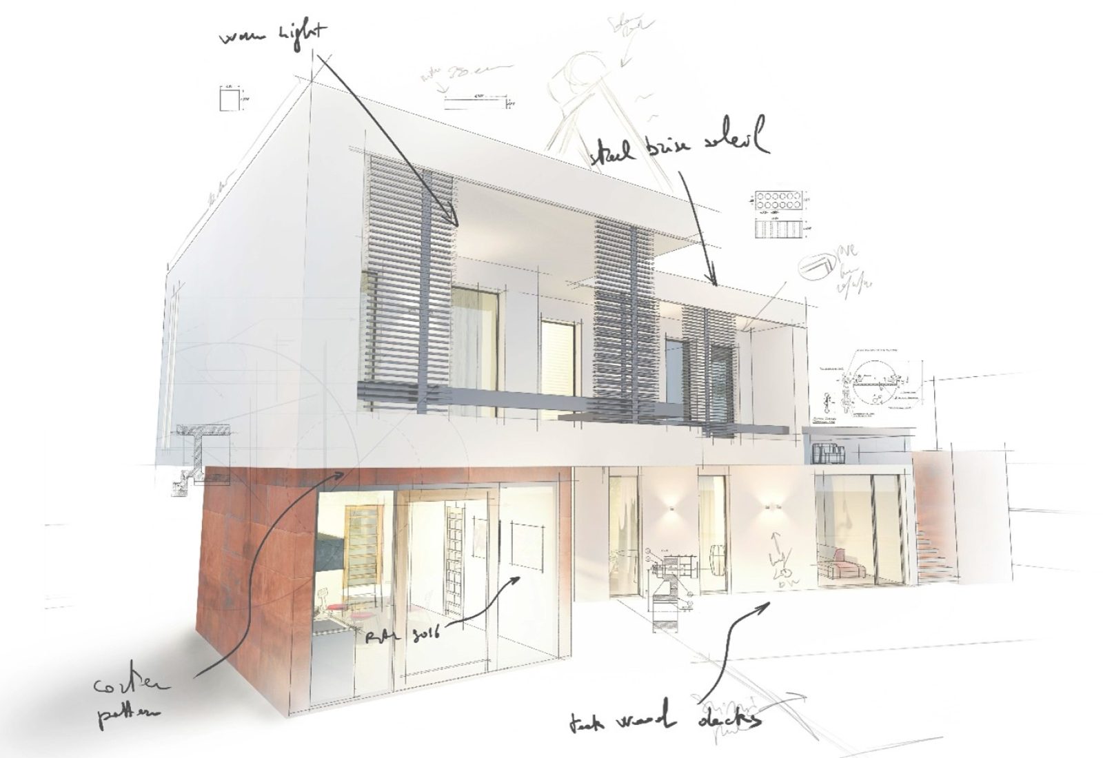 Architectural sketch of a modern, two-story house with a flat roof. The sketch is rendered in a combination of pencil lines and digital coloring, giving it a conceptual feel. The house features large windows, horizontal siding, and a partially enclosed ground floor. Handwritten annotations in white ink are overlaid on the sketch, indicating elements like "new light," "steel clad wheel," "centre pillar," and "timber deck seats." The background is a soft, gradient beige, and the image is used to illustrate Brownhill Homes' "Design + Construct" services.