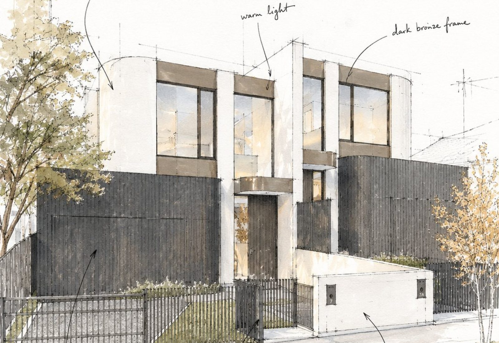 Architectural sketch of a custom two-storey home design in Melbourne with curved render walls, vertical cladding and a recessed entry