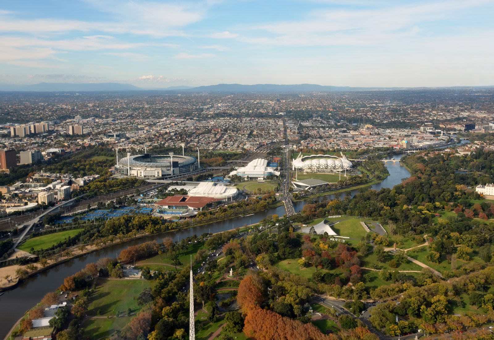 Aerial View of Melbourne's Eastern Suburbs including MCG, Rod Laver Arena and Yarra River.